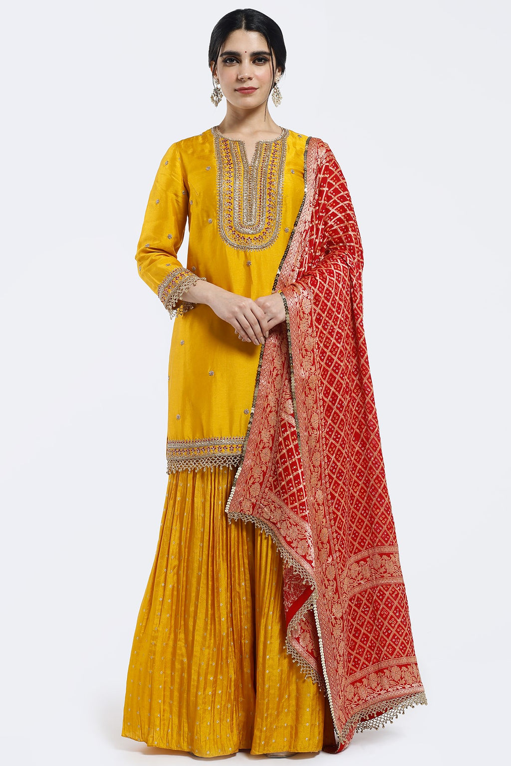 Buy yellow embroidered silk gharara suit online in USA with pink dupatta. Shop the best and latest designs in embroidered sarees, designer sarees, Anarkali suit, lehengas, sharara suits for weddings and special occasions from Pure Elegance Indian fashion store in USA.-full view