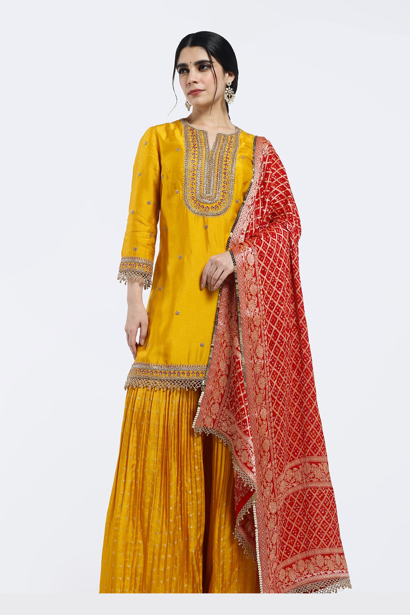 Buy yellow embroidered silk gharara suit online in USA with pink dupatta. Shop the best and latest designs in embroidered sarees, designer sarees, Anarkali suit, lehengas, sharara suits for weddings and special occasions from Pure Elegance Indian fashion store in USA.-closeup