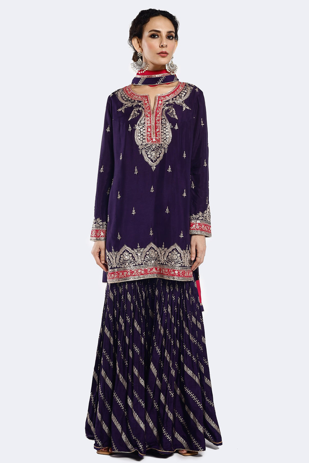 Buy purple zari organza satin gharara suit online in USA with pink dupatta. Shop the best and latest designs in embroidered sarees, designer sarees, Anarkali suit, lehengas, sharara suits for weddings and special occasions from Pure Elegance Indian fashion store in USA.-full view