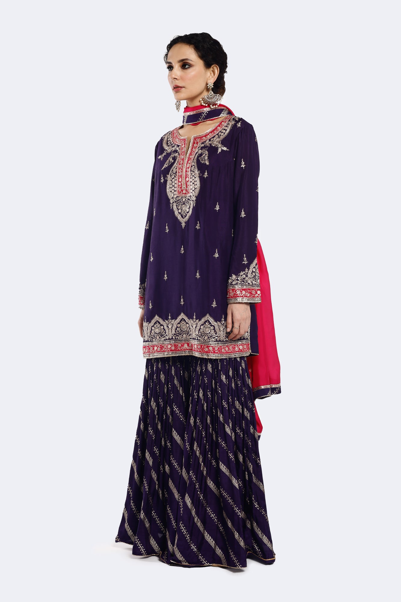 Buy purple zari organza satin gharara suit online in USA with pink dupatta. Shop the best and latest designs in embroidered sarees, designer sarees, Anarkali suit, lehengas, sharara suits for weddings and special occasions from Pure Elegance Indian fashion store in USA.-side