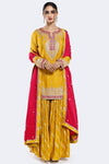 Shop yellow embroidered organza satin gharara suit online in USA with pink dupatta. Shop the best and latest designs in embroidered sarees, designer sarees, Anarkali suit, lehengas, sharara suits for weddings and special occasions from Pure Elegance Indian fashion store in USA.-full view