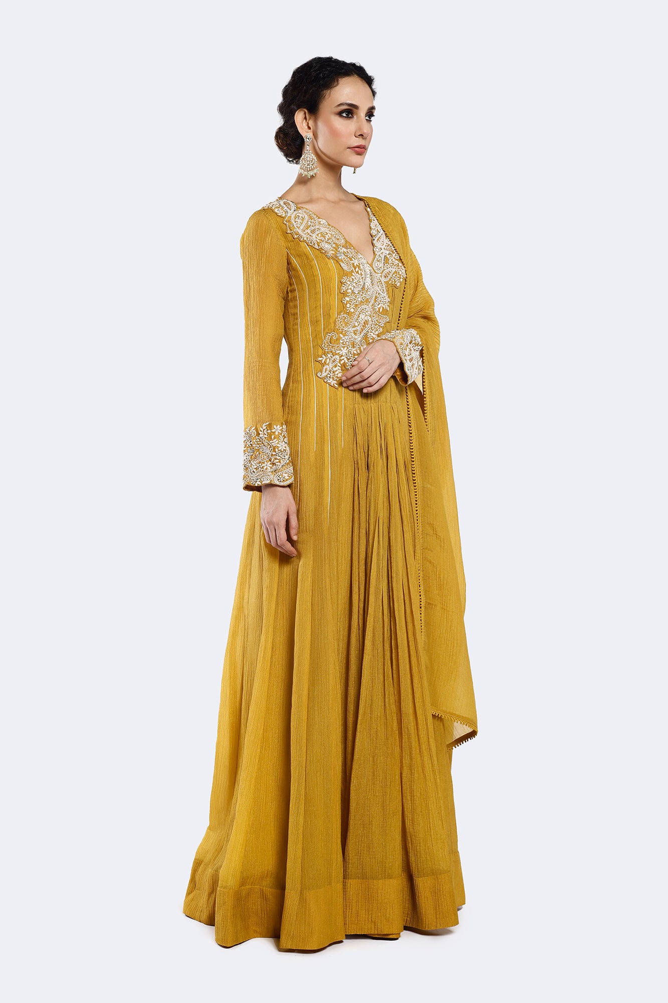 Buy mustard embroidered crushed Anarkali suit online in USA with dupatta. Shop the best and latest designs in embroidered sarees, designer sarees, Anarkali suit, lehengas, sharara suits for weddings and special occasions from Pure Elegance Indian fashion store in USA.-Anarkali