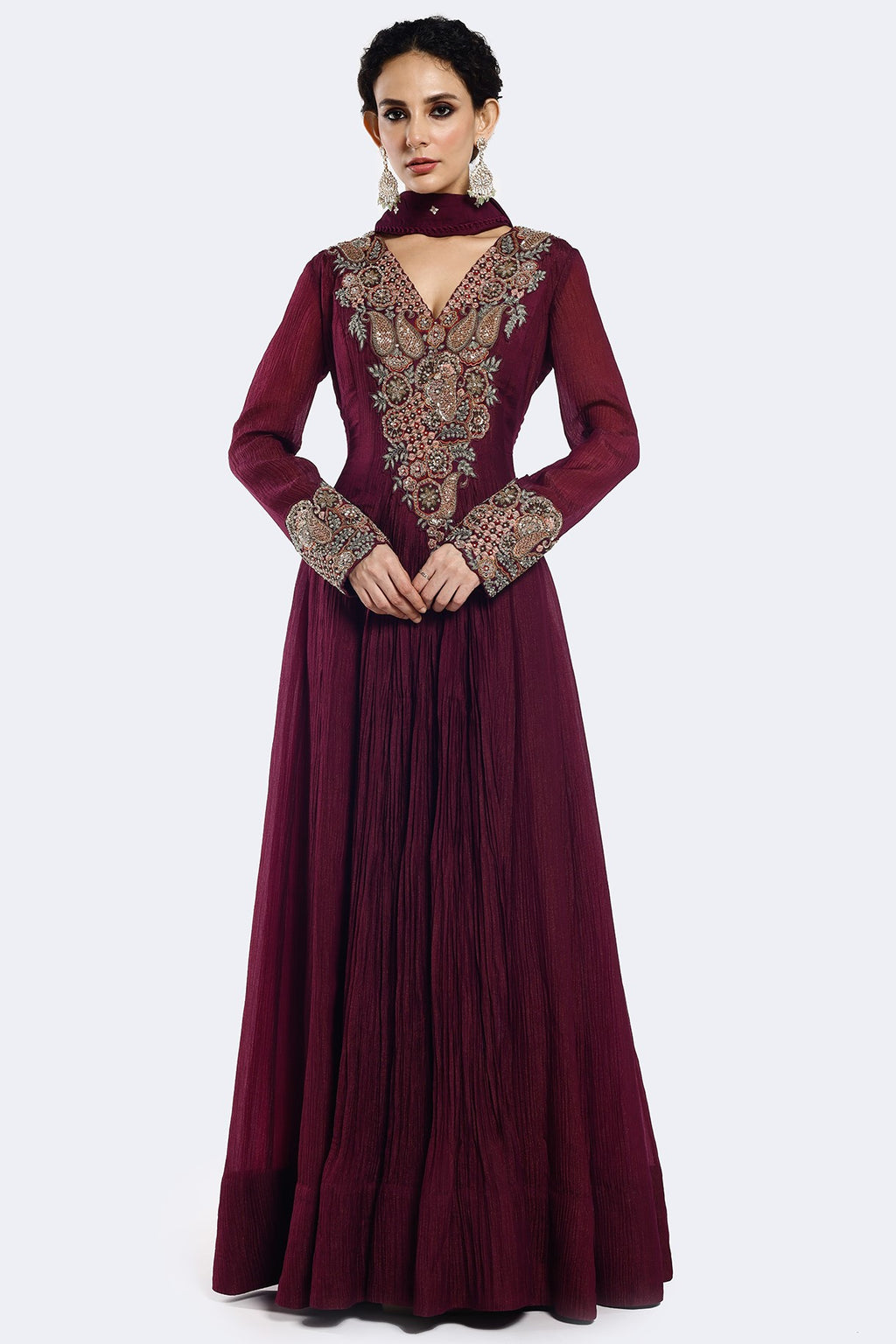 Shop wine embroidered crushed Anarkali suit online in USA with dupatta. Shop the best and latest designs in embroidered sarees, designer sarees, Anarkali suit, lehengas, sharara suits for weddings and special occasions from Pure Elegance Indian fashion store in USA.-full view