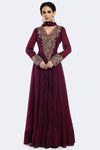 Shop wine embroidered crushed Anarkali suit online in USA with dupatta. Shop the best and latest designs in embroidered sarees, designer sarees, Anarkali suit, lehengas, sharara suits for weddings and special occasions from Pure Elegance Indian fashion store in USA.-full view