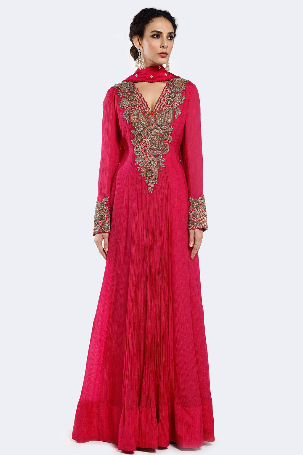 Buy pink embroidered crushed Anarkali suit online in USA with dupatta. Shop the best and latest designs in embroidered sarees, designer sarees, Anarkali suit, lehengas, sharara suits for weddings and special occasions from Pure Elegance Indian fashion store in USA.-full view