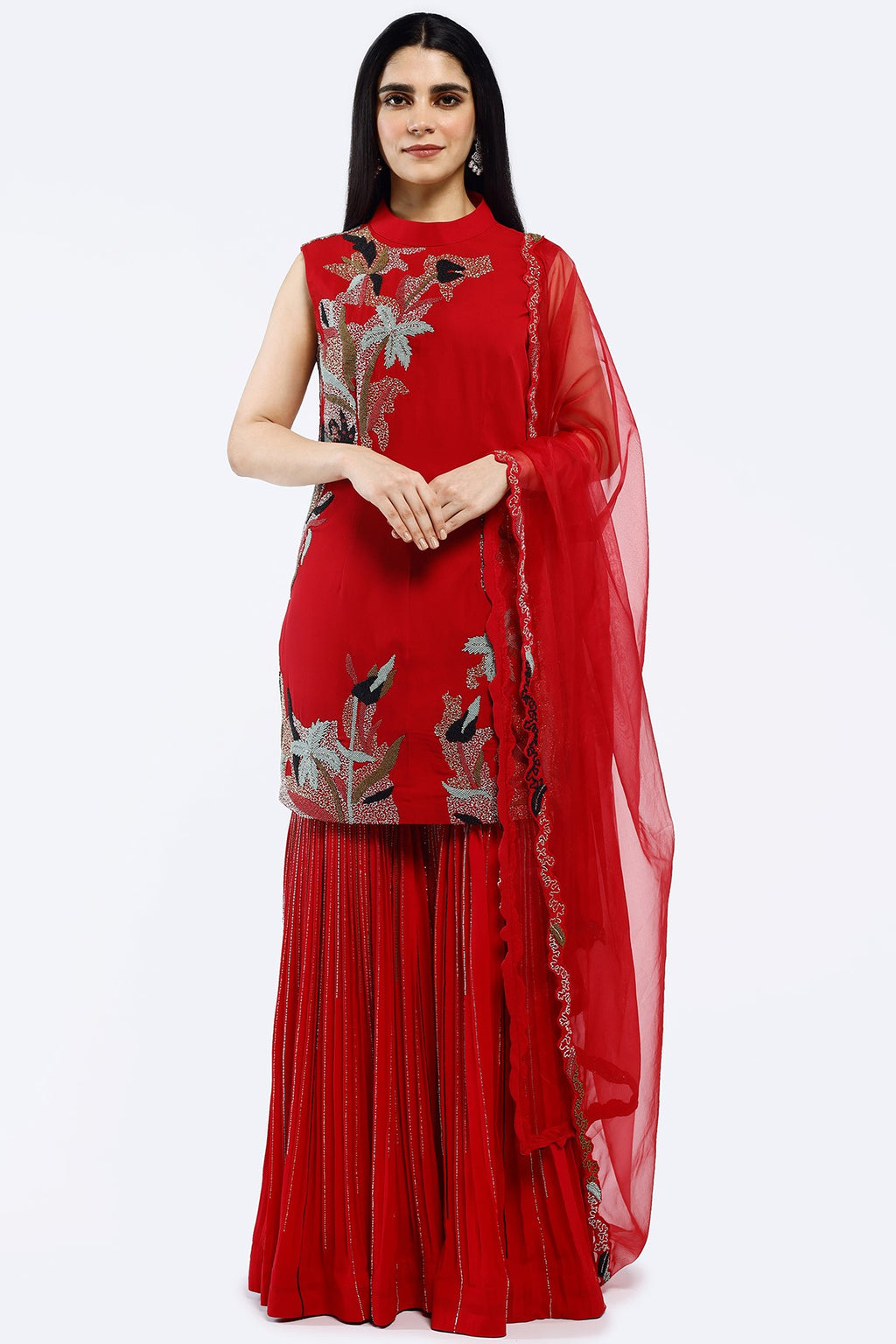 Buy red cheed work georgette sharara suit online in USA with dupatta. Shop the best and latest designs in embroidered sarees, designer sarees, Anarkali suit, lehengas, sharara suits for weddings and special occasions from Pure Elegance Indian fashion store in USA.-full view