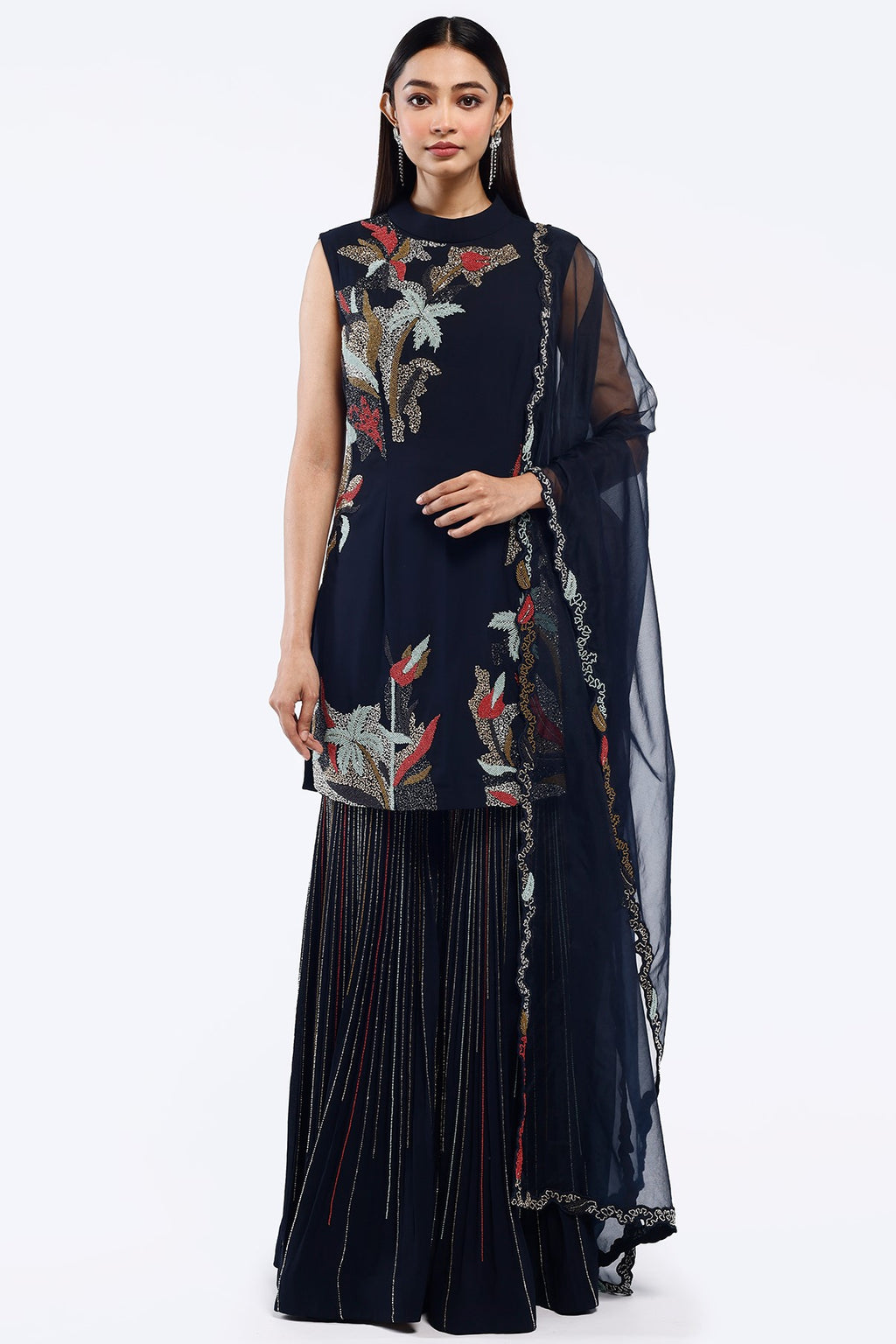 Buy navy blue cheed work georgette sharara suit online in USA with dupatta. Shop the best and latest designs in embroidered sarees, designer sarees, Anarkali suit, lehengas, sharara suits for weddings and special occasions from Pure Elegance Indian fashion store in USA.-full view