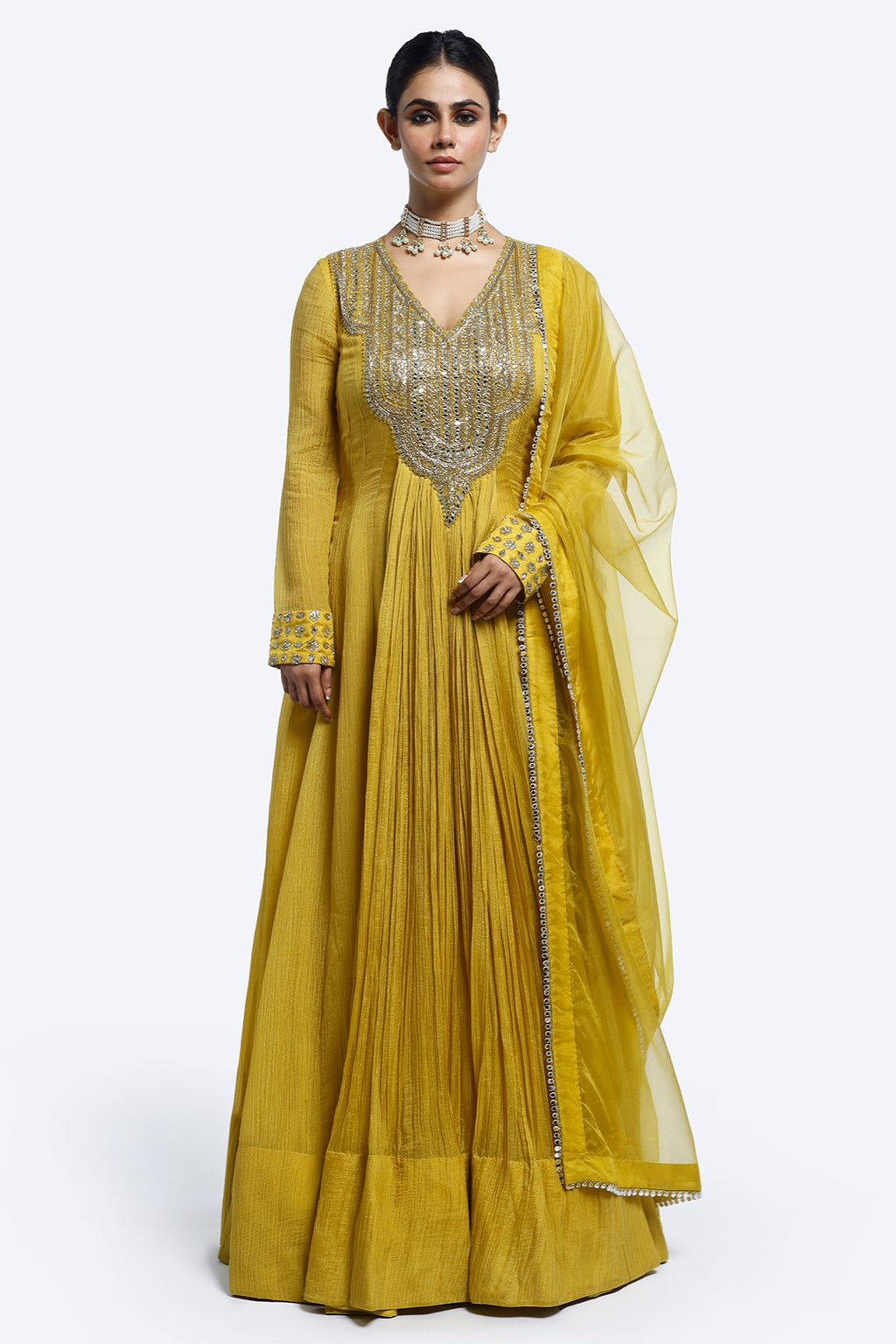 Buy mustard embroidered crush fabric Anarkali online in USA with dupatta. Shop the best and latest designs in embroidered sarees, designer sarees, Anarkali suit, lehengas, sharara suits for weddings and special occasions from Pure Elegance Indian fashion store in USA.-full view