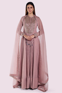 Shop dusty pink embroidered crush fabric Anarkali online in USA with dupatta. Shop the best and latest designs in embroidered sarees, designer sarees, Anarkali suit, lehengas, sharara suits for weddings and special occasions from Pure Elegance Indian fashion store in USA.-full view