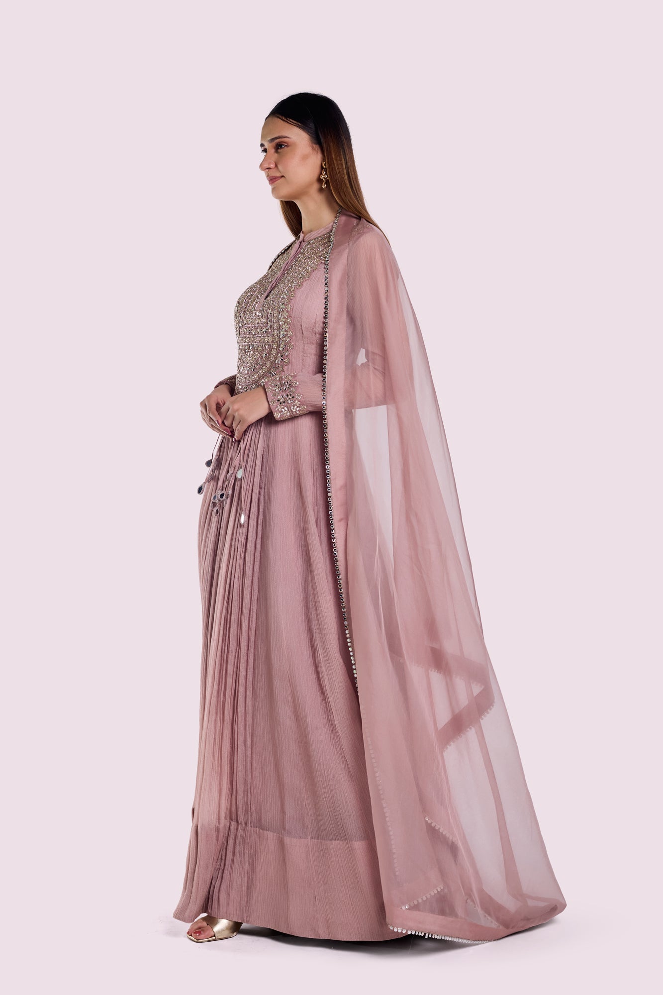 Shop dusty pink embroidered crush fabric Anarkali online in USA with dupatta. Shop the best and latest designs in embroidered sarees, designer sarees, Anarkali suit, lehengas, sharara suits for weddings and special occasions from Pure Elegance Indian fashion store in USA.-side