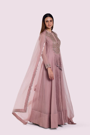 Shop dusty pink embroidered crush fabric Anarkali online in USA with dupatta. Shop the best and latest designs in embroidered sarees, designer sarees, Anarkali suit, lehengas, sharara suits for weddings and special occasions from Pure Elegance Indian fashion store in USA.-dupatta