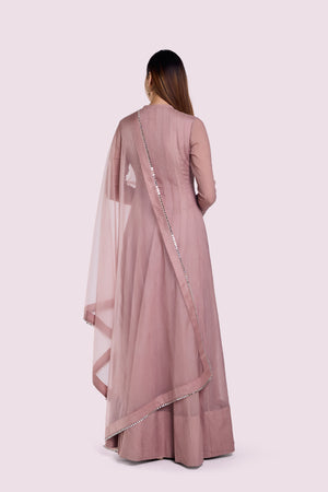 Shop dusty pink embroidered crush fabric Anarkali online in USA with dupatta. Shop the best and latest designs in embroidered sarees, designer sarees, Anarkali suit, lehengas, sharara suits for weddings and special occasions from Pure Elegance Indian fashion store in USA.-back