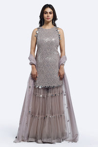 Buy grey georgette net mirror work sharara suit online in USA with dupatta. Shop the best and latest designs in embroidered sarees, designer sarees, Anarkali suit, lehengas, sharara suits for weddings and special occasions from Pure Elegance Indian fashion store in USA.-full view