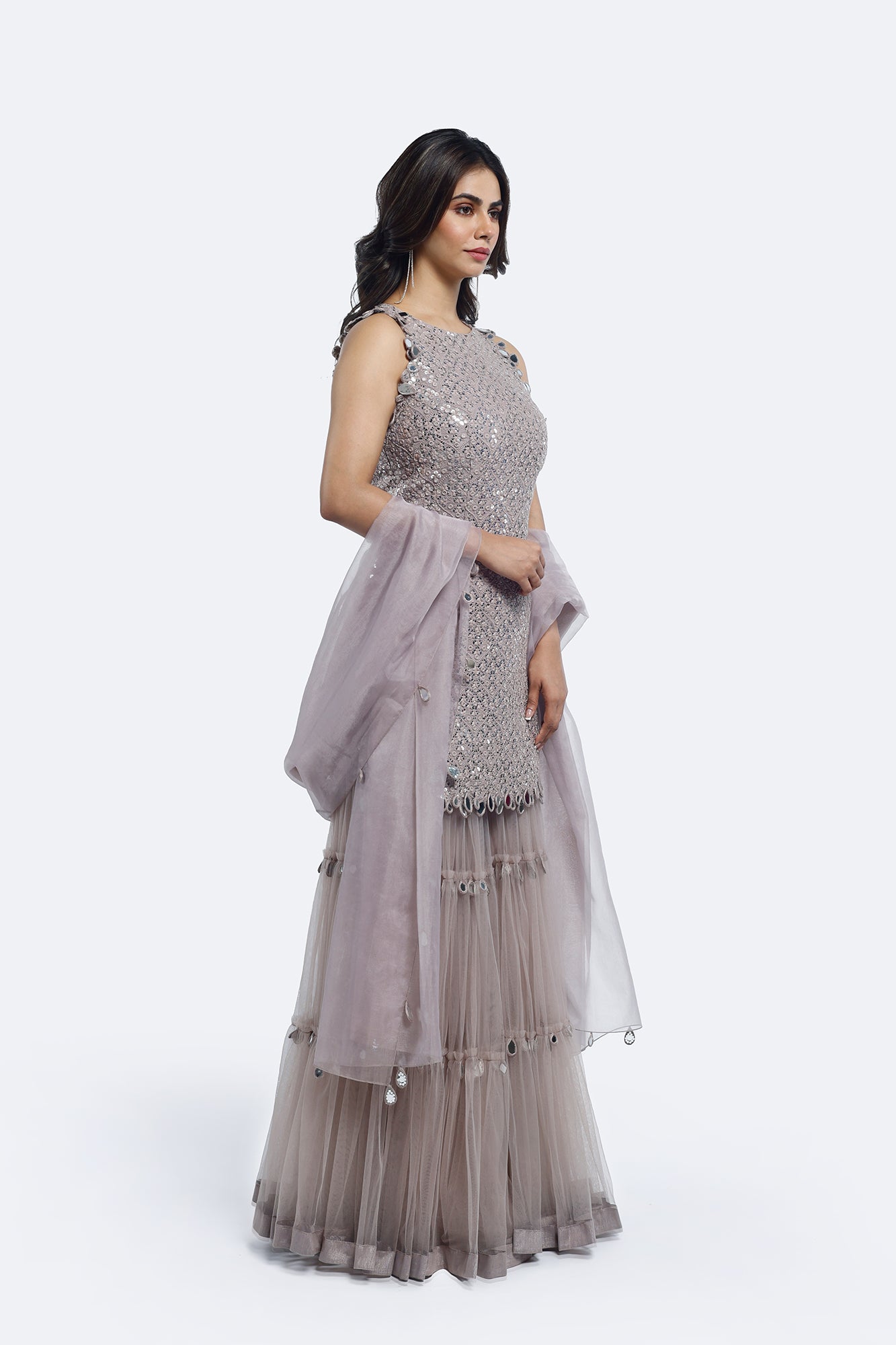 Buy grey georgette net mirror work sharara suit online in USA with dupatta. Shop the best and latest designs in embroidered sarees, designer sarees, Anarkali suit, lehengas, sharara suits for weddings and special occasions from Pure Elegance Indian fashion store in USA.-side