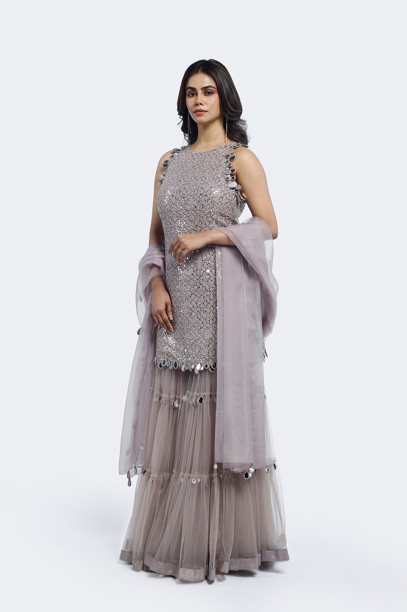 Buy grey georgette net mirror work sharara suit online in USA with dupatta. Shop the best and latest designs in embroidered sarees, designer sarees, Anarkali suit, lehengas, sharara suits for weddings and special occasions from Pure Elegance Indian fashion store in USA.-sharara