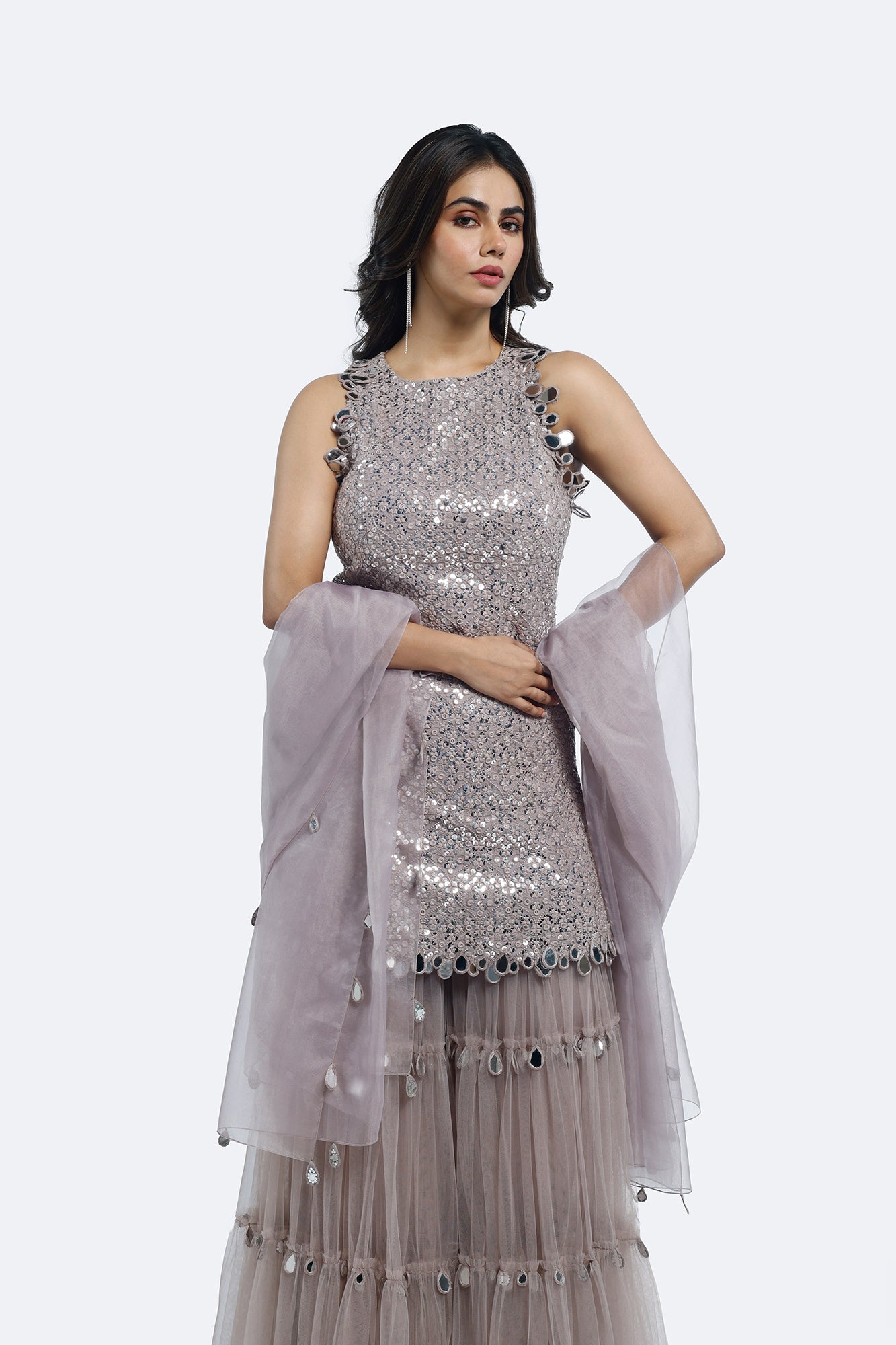 Buy grey georgette net mirror work sharara suit online in USA with dupatta. Shop the best and latest designs in embroidered sarees, designer sarees, Anarkali suit, lehengas, sharara suits for weddings and special occasions from Pure Elegance Indian fashion store in USA.-closeup