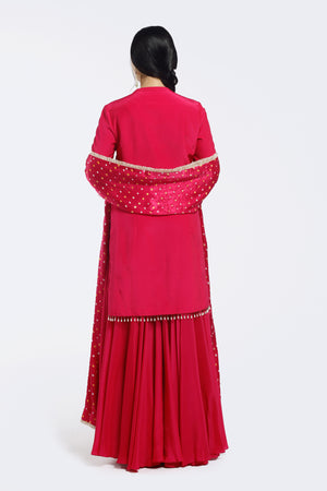 Buy pink embroidered crepe sharara suit online in USA with bandhej dupatta. Shop the best and latest designs in embroidered sarees, designer sarees, Anarkali suit, lehengas, sharara suits for weddings and special occasions from Pure Elegance Indian fashion store in USA.-back