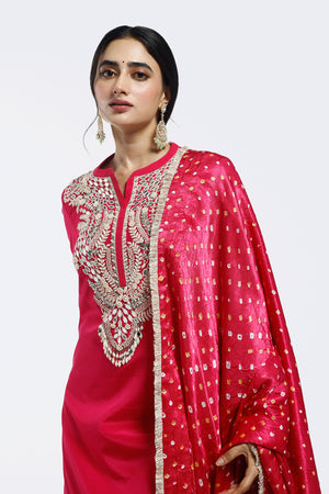 Buy pink embroidered crepe sharara suit online in USA with bandhej dupatta. Shop the best and latest designs in embroidered sarees, designer sarees, Anarkali suit, lehengas, sharara suits for weddings and special occasions from Pure Elegance Indian fashion store in USA.-closeup