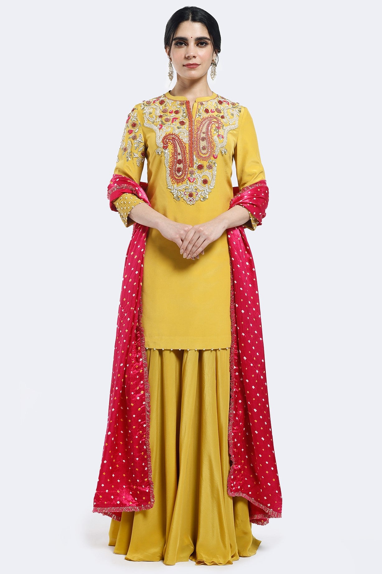 Shop yellow embroidered crepe sharara suit online in USA with bandhej dupatta. Shop the best and latest designs in embroidered sarees, designer sarees, Anarkali suit, lehengas, sharara suits for weddings and special occasions from Pure Elegance Indian fashion store in USA.-full view