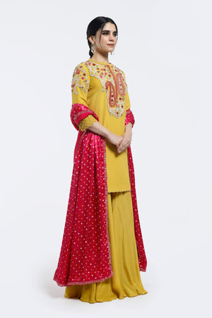 Shop yellow embroidered crepe sharara suit online in USA with bandhej dupatta. Shop the best and latest designs in embroidered sarees, designer sarees, Anarkali suit, lehengas, sharara suits for weddings and special occasions from Pure Elegance Indian fashion store in USA.-dupatta