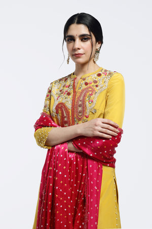 Shop yellow embroidered crepe sharara suit online in USA with bandhej dupatta. Shop the best and latest designs in embroidered sarees, designer sarees, Anarkali suit, lehengas, sharara suits for weddings and special occasions from Pure Elegance Indian fashion store in USA.-closeup