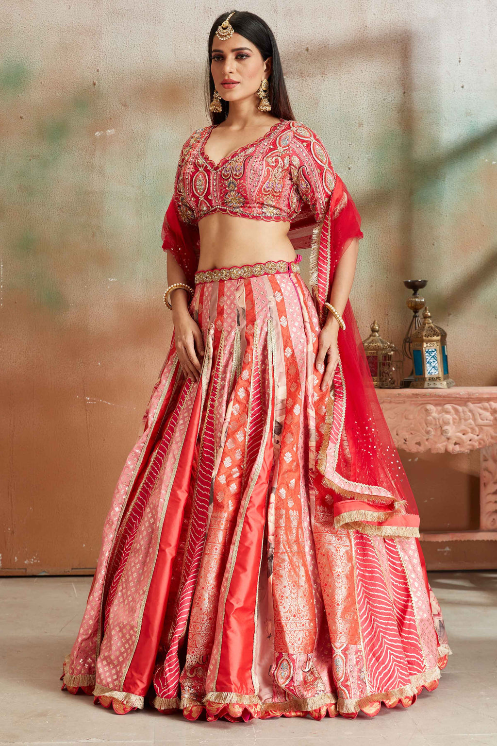 Shop pink and orange embroidered Banarasi silk lehenga online in USA with dupatta. Look your best on festive occasions in latest designer saris, pure silk sarees, Kanjivaram silk sarees, handwoven saris, tussar silk sarees, embroidered saris from Pure Elegance Indian clothing store in USA.-full view