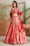 Shop pink and orange embroidered Banarasi silk lehenga online in USA with dupatta. Look your best on festive occasions in latest designer saris, pure silk sarees, Kanjivaram silk sarees, handwoven saris, tussar silk sarees, embroidered saris from Pure Elegance Indian clothing store in USA.-full view