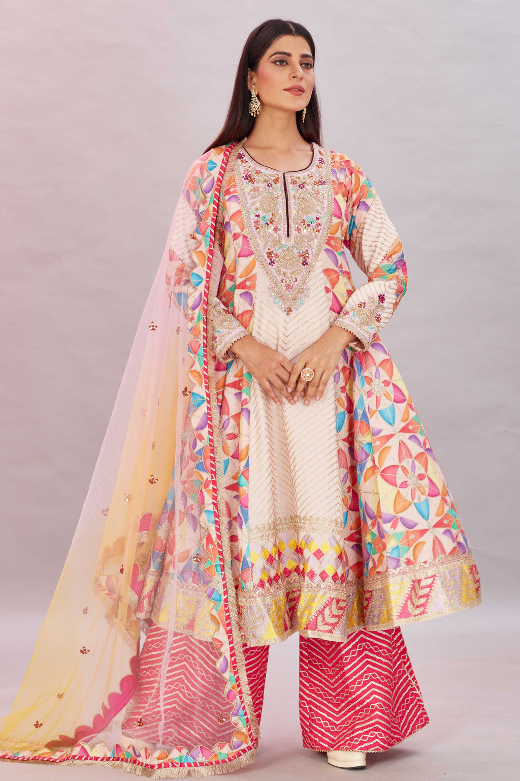 Shop cream multicolor embroidered silk suit online in USA with palazzo. Look your best on festive occasions in latest designer saris, pure silk sarees, Kanjivaram silk sarees, handwoven saris, tussar silk sarees, embroidered saris from Pure Elegance Indian clothing store in USA.-full view