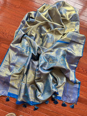 Buy golden zari blue Kanjivaram silk sari online in USA with tree motifs. Look your best on festive occasions in latest designer sarees, pure silk sarees, Kanjivaram silk saris, handwoven saris, tussar silk sarees, embroidered saris from Pure Elegance Indian clothing store in USA.-saree