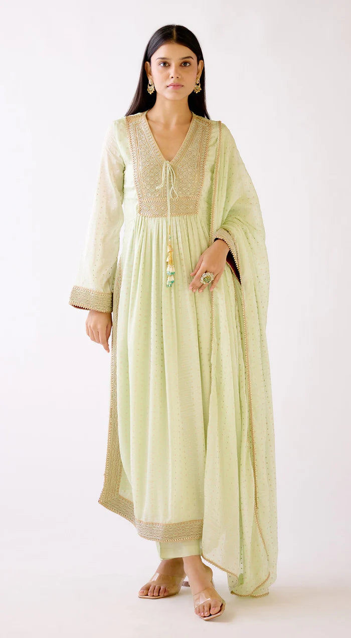 Buy pista green embroidered chanderi Anarkali suit online in USA. Shop the best and latest designs in embroidered sarees, designer sarees, Anarkali suit, lehengas, sharara suits for weddings and special occasions from Pure Elegance Indian fashion store in USA.-full view