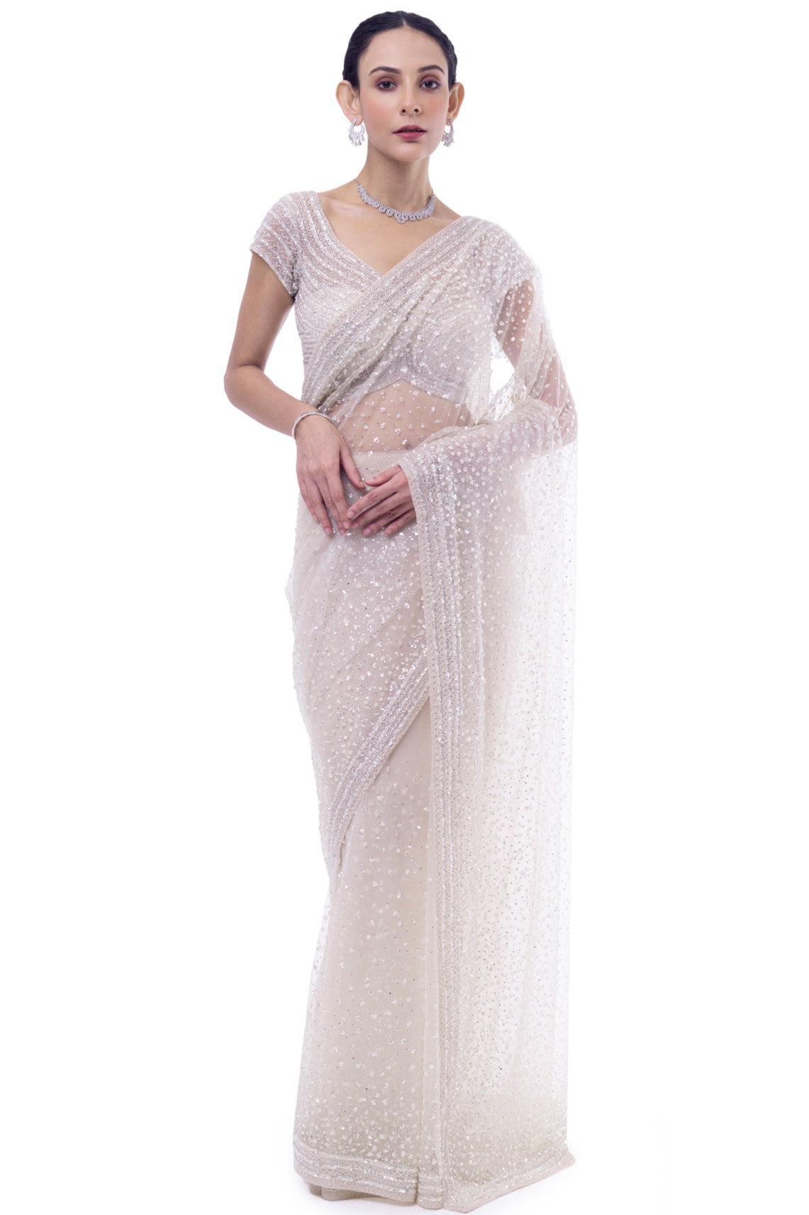 90Y035-RO Off-White Embroidered Net Saree with Blouse
