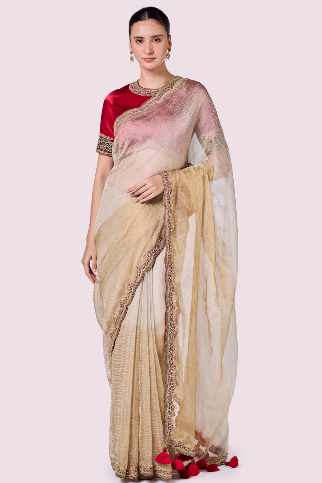 Shop silver gold tissue silk resham work saree online in USA with red saree blouse. Look your best at parties and weddings in beautiful designer sarees, embroidered sarees, handwoven sarees, silk sarees, organza saris from Pure Elegance Indian saree store in USA.-full view