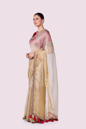 Shop silver gold tissue silk resham work saree online in USA with red saree blouse. Look your best at parties and weddings in beautiful designer sarees, embroidered sarees, handwoven sarees, silk sarees, organza saris from Pure Elegance Indian saree store in USA.-pallu