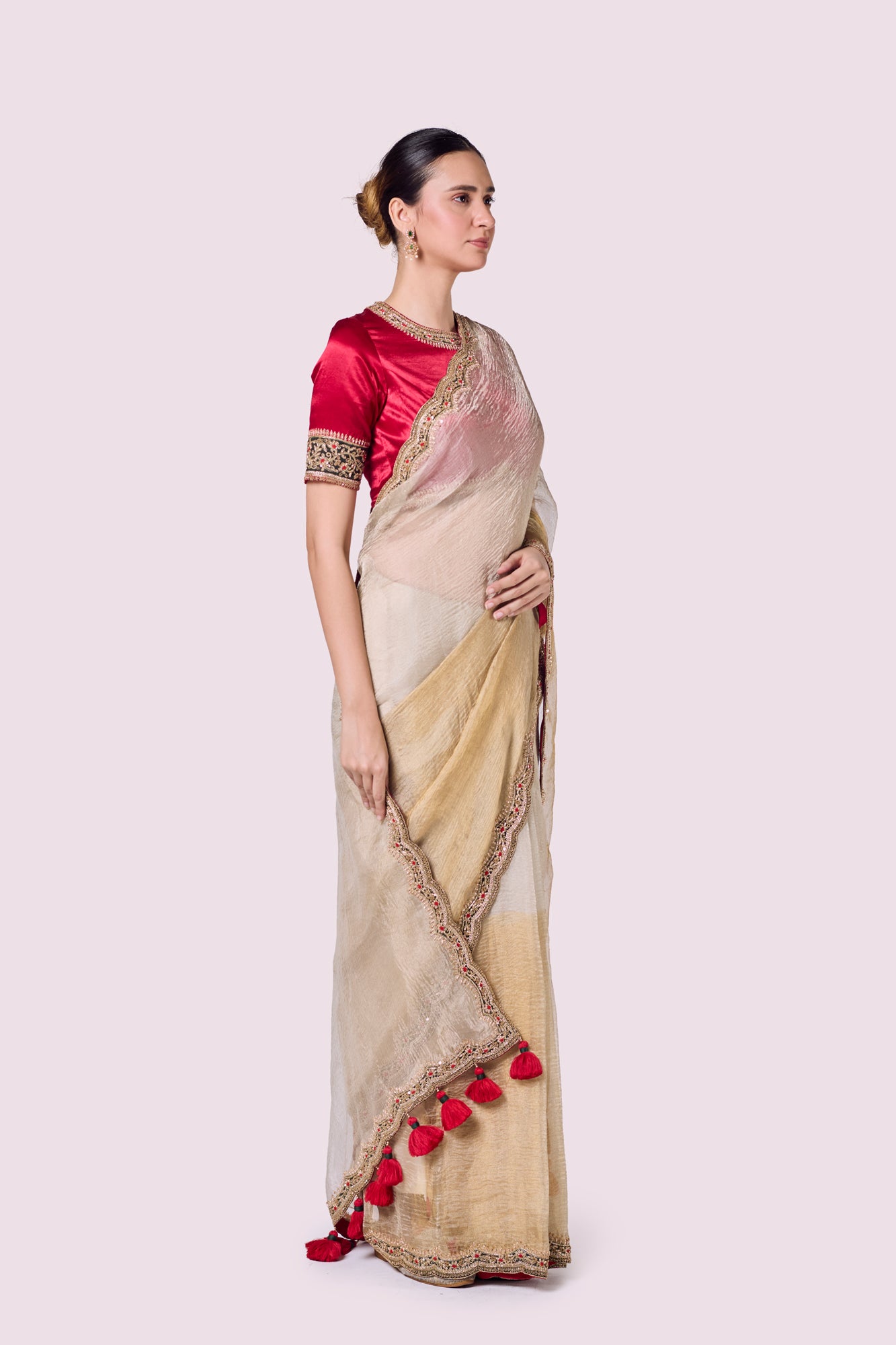 Shop silver gold tissue silk resham work saree online in USA with red saree blouse. Look your best at parties and weddings in beautiful designer sarees, embroidered sarees, handwoven sarees, silk sarees, organza saris from Pure Elegance Indian saree store in USA.-side