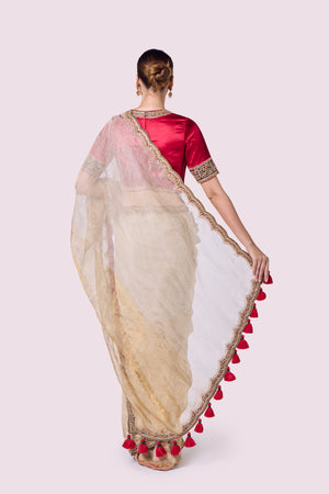 Shop silver gold tissue silk resham work saree online in USA with red saree blouse. Look your best at parties and weddings in beautiful designer sarees, embroidered sarees, handwoven sarees, silk sarees, organza saris from Pure Elegance Indian saree store in USA.-back