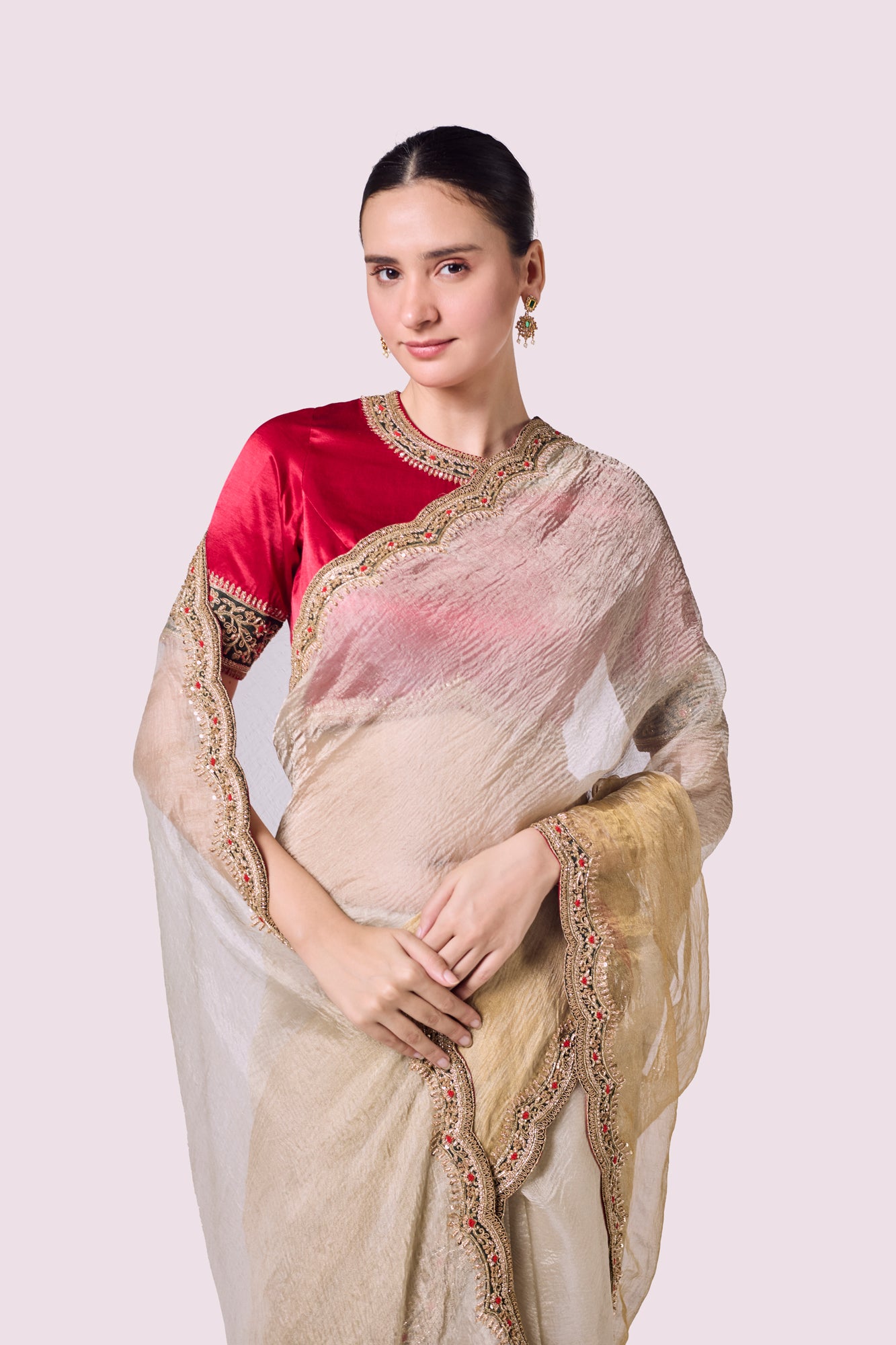 Shop silver gold tissue silk resham work saree online in USA with red saree blouse. Look your best at parties and weddings in beautiful designer sarees, embroidered sarees, handwoven sarees, silk sarees, organza saris from Pure Elegance Indian saree store in USA.-closeup