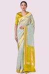 Buy aqua and mustard organza saree online in USA with mashru silk saree blouse. Look your best at parties and weddings in beautiful designer sarees, embroidered sarees, handwoven sarees, silk sarees, organza saris from Pure Elegance Indian saree store in USA.-full view