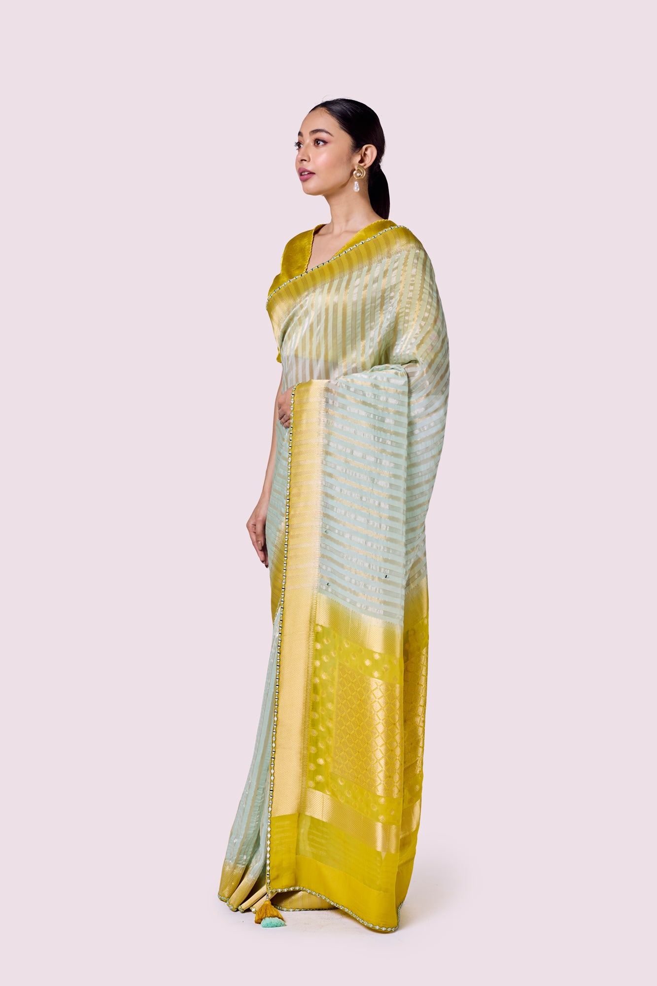 Buy aqua and mustard organza saree online in USA with mashru silk saree blouse. Look your best at parties and weddings in beautiful designer sarees, embroidered sarees, handwoven sarees, silk sarees, organza saris from Pure Elegance Indian saree store in USA.-pallu