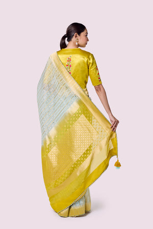 Buy aqua and mustard organza saree online in USA with mashru silk saree blouse. Look your best at parties and weddings in beautiful designer sarees, embroidered sarees, handwoven sarees, silk sarees, organza saris from Pure Elegance Indian saree store in USA.-back