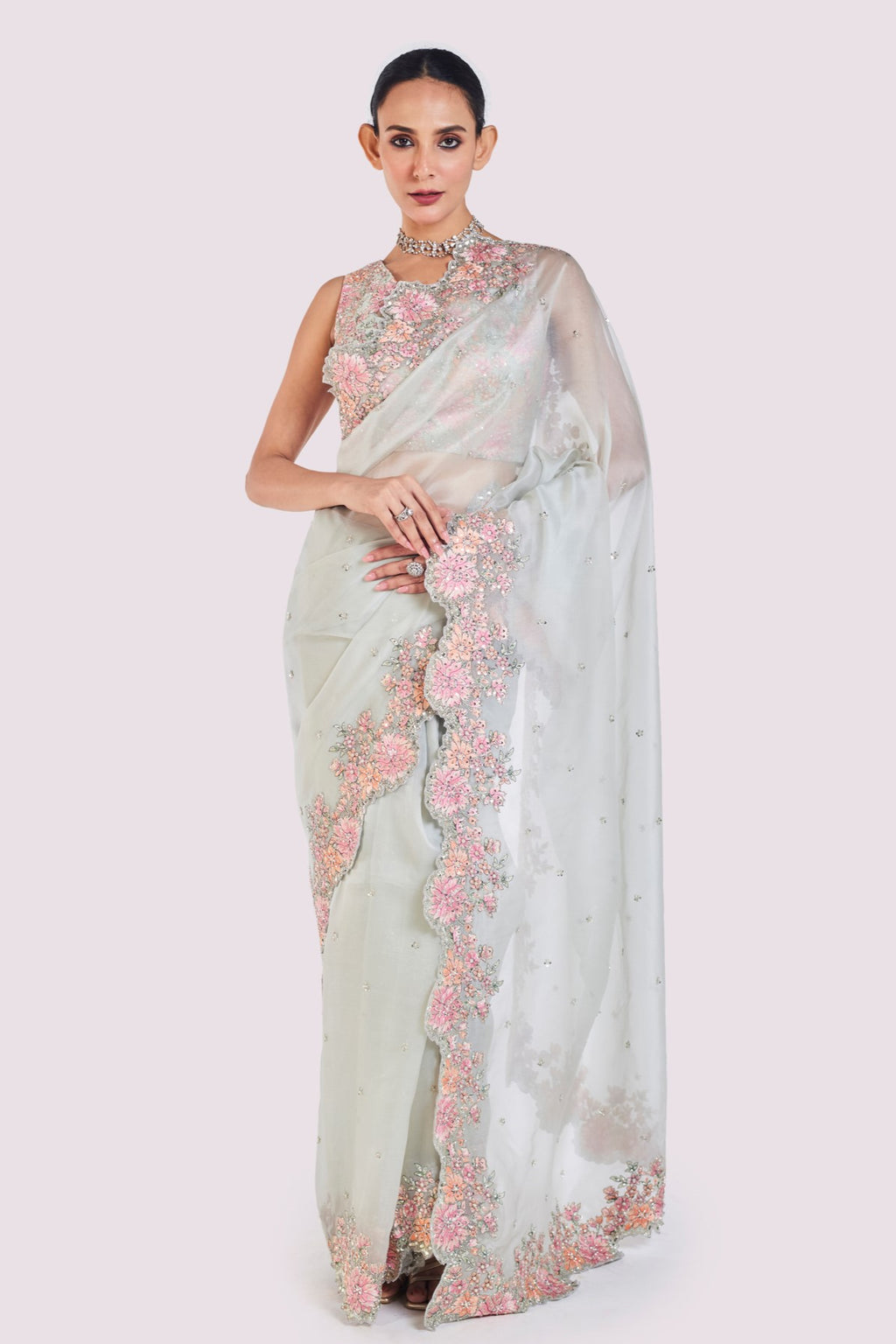 Buy dusty sky blue organza saree online in USA with embroidered designer blouse. Look your best at parties and weddings in beautiful designer sarees, embroidered sarees, handwoven sarees, silk sarees, organza saris from Pure Elegance Indian saree store in USA.-full view