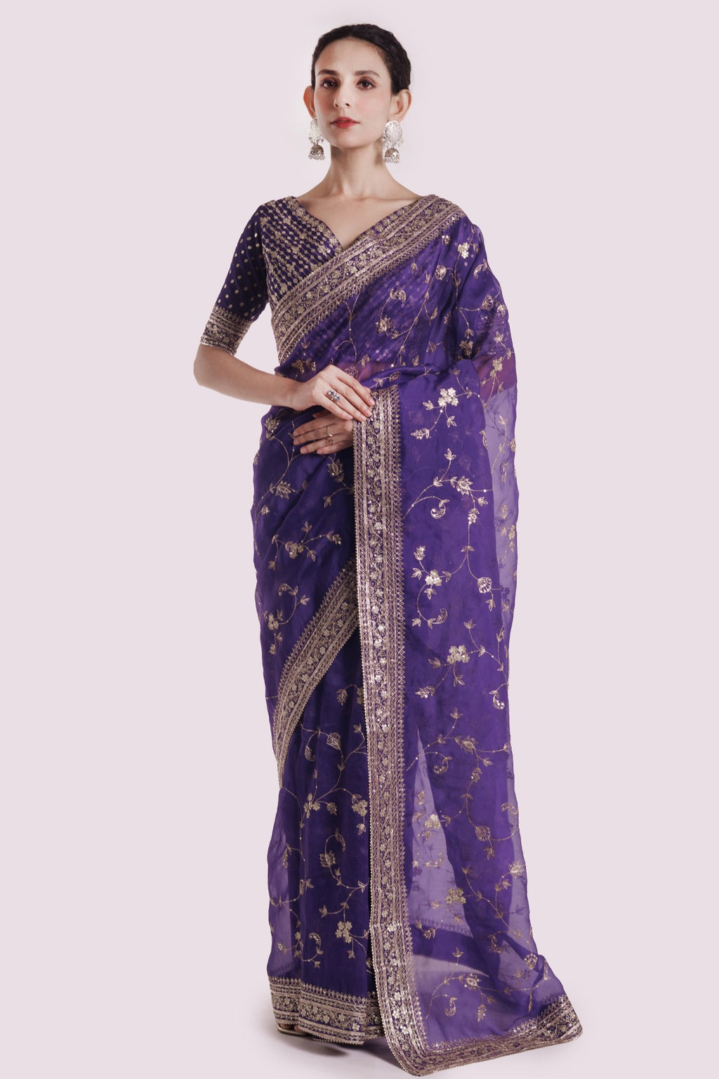 Shop purple floral zari work organza saree online in USA with blouse. Look your best at parties and weddings in beautiful designer sarees, embroidered sarees, handwoven sarees, silk sarees, organza saris from Pure Elegance Indian saree store in USA.-full view