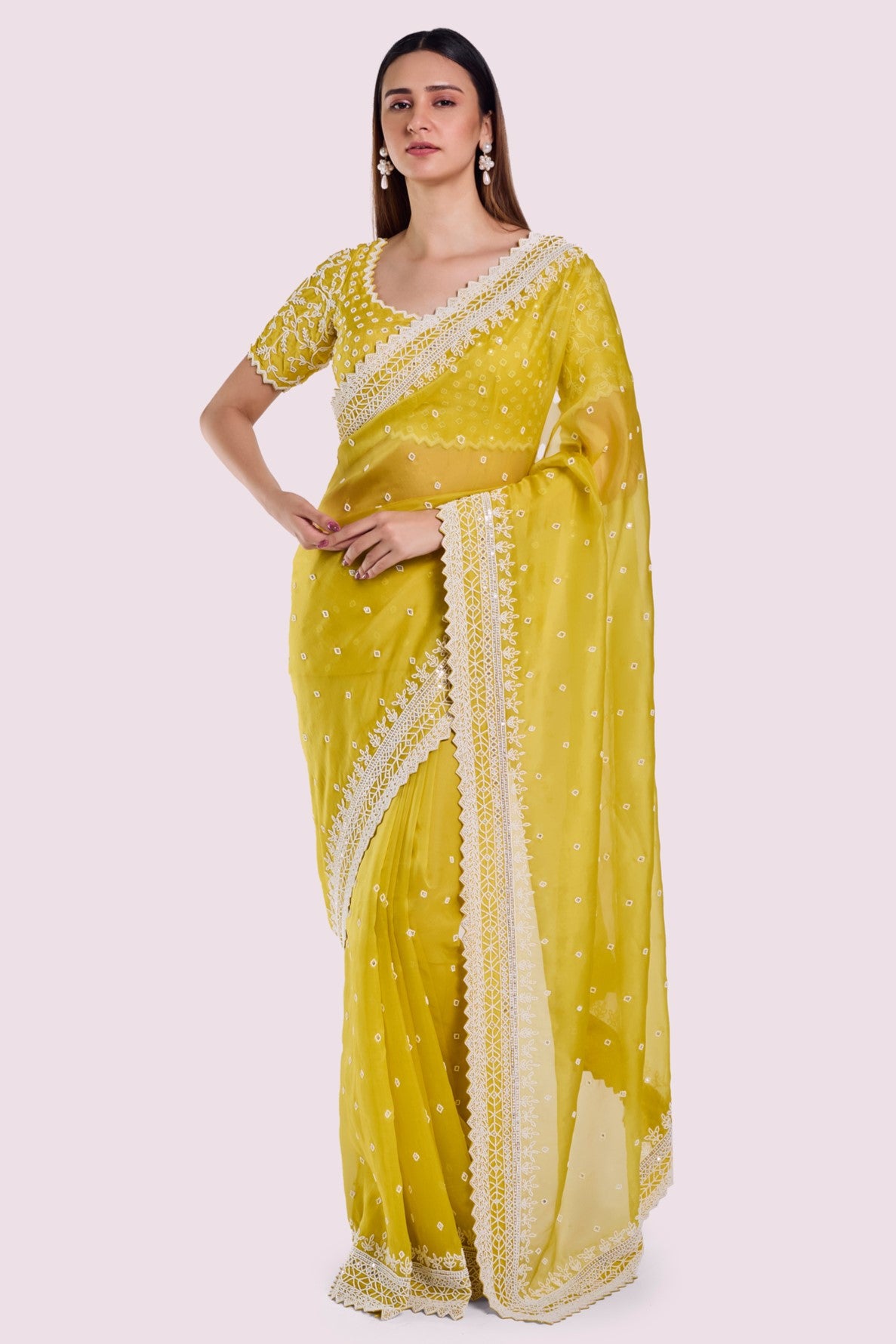 Buy yellow embroidered organza saree online in USA with blouse. Look your best at parties and weddings in beautiful designer sarees, embroidered sarees, handwoven sarees, silk sarees, organza saris from Pure Elegance Indian saree store in USA.-full view