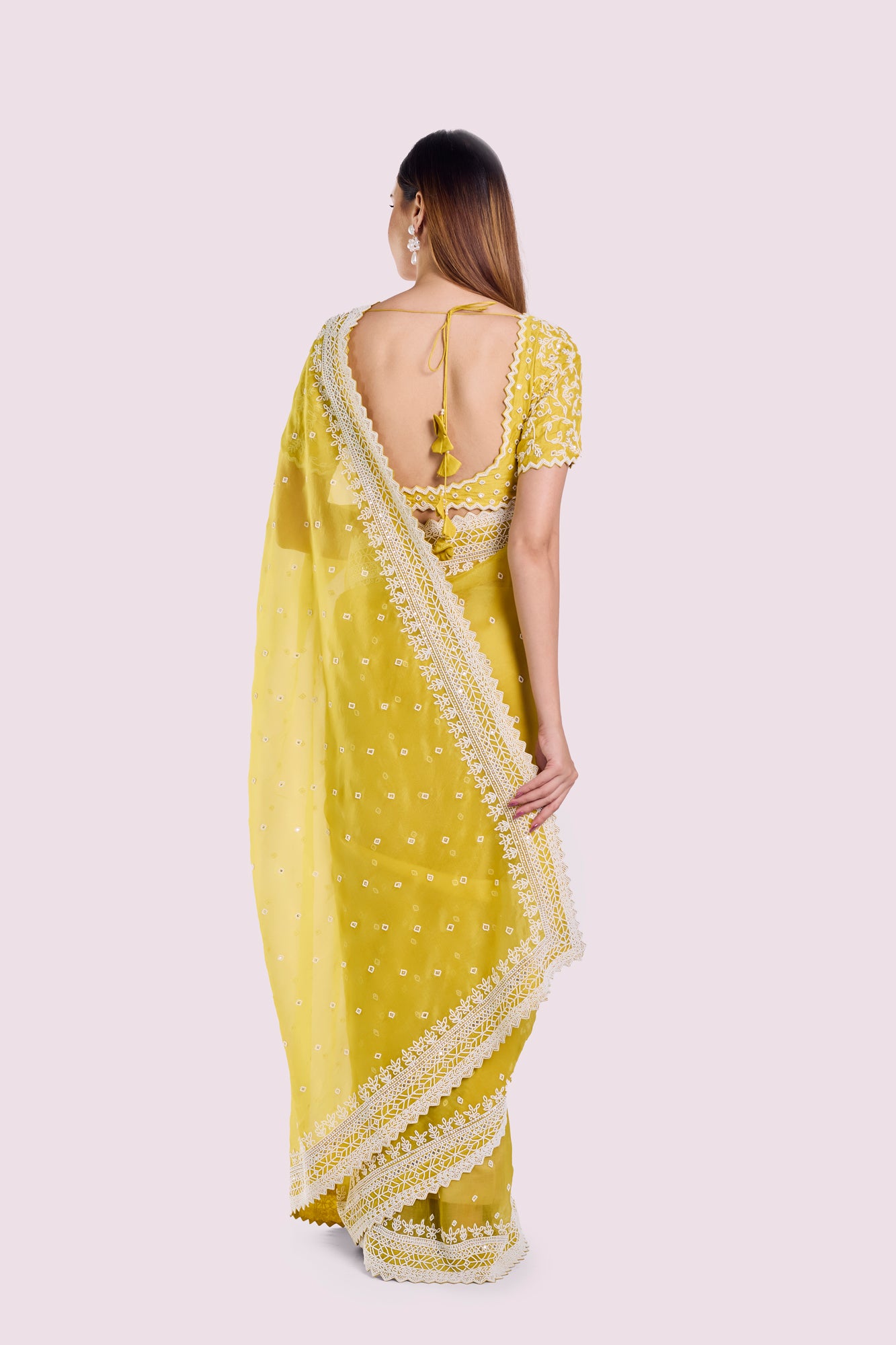 Buy yellow embroidered organza saree online in USA with blouse. Look your best at parties and weddings in beautiful designer sarees, embroidered sarees, handwoven sarees, silk sarees, organza saris from Pure Elegance Indian saree store in USA.-back