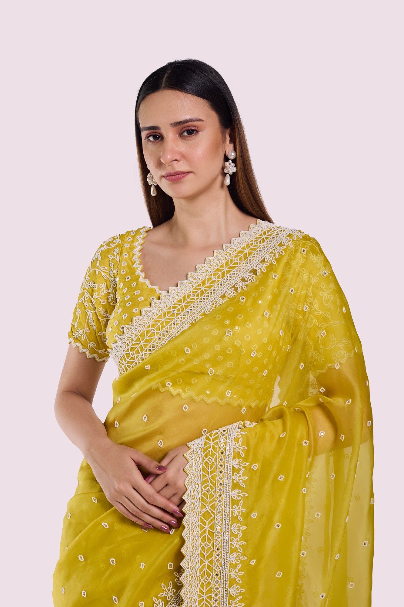 Buy yellow embroidered organza saree online in USA with blouse. Look your best at parties and weddings in beautiful designer sarees, embroidered sarees, handwoven sarees, silk sarees, organza saris from Pure Elegance Indian saree store in USA.-closeup