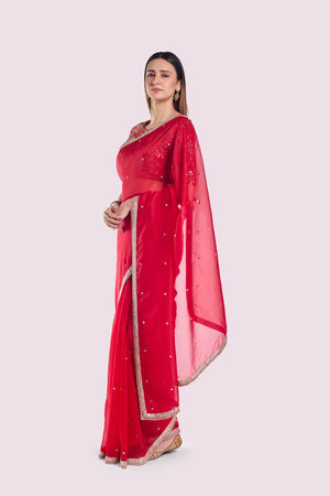 Buy red organza saree online in USA with embroidered blouse. Look your best at parties and weddings in beautiful designer sarees, embroidered sarees, handwoven sarees, silk sarees, organza saris from Pure Elegance Indian saree store in USA.-pallu