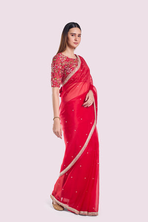 Buy red organza saree online in USA with embroidered blouse. Look your best at parties and weddings in beautiful designer sarees, embroidered sarees, handwoven sarees, silk sarees, organza saris from Pure Elegance Indian saree store in USA.-side