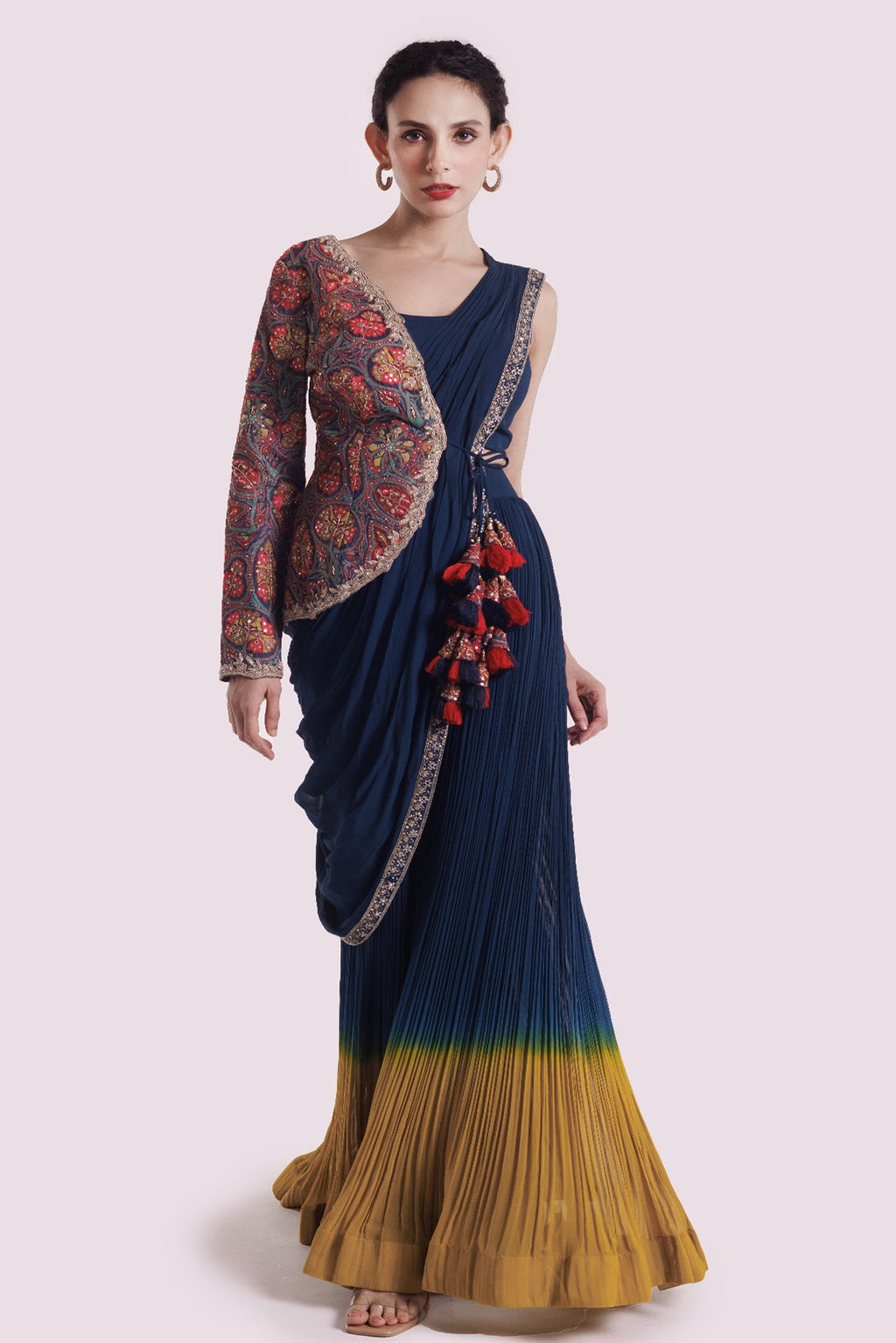 Buy navy blue and yellow georgette prestitched saree online in USA with embroidered cape. Look your best at parties and weddings in beautiful designer sarees, embroidered sarees, handwoven sarees, silk sarees, organza saris from Pure Elegance Indian saree store in USA.-full view