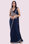 Buy navy blue lycra net draped saree online in USA with faux slash. Look your best at parties and weddings in beautiful designer sarees, embroidered sarees, handwoven sarees, silk sarees, organza saris from Pure Elegance Indian saree store in USA.-full view