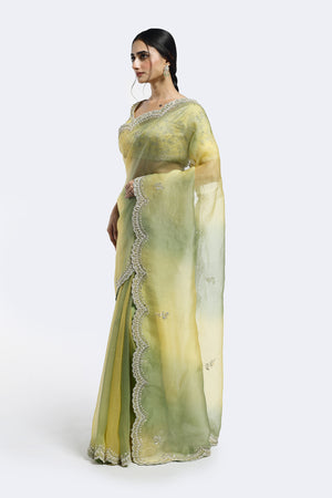 Buy golden and green cutdana gradient organza saree online in USA. Look your best at parties and weddings in beautiful designer sarees, embroidered sarees, handwoven sarees, silk sarees, organza saris from Pure Elegance Indian saree store in USA.-pallu
