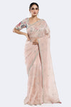 Shop powder pink sequin organza saree online in USA with floral blouse. Look your best at parties and weddings in beautiful designer sarees, embroidered sarees, handwoven sarees, silk sarees, organza saris from Pure Elegance Indian saree store in USA.-full view